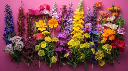  a group of colorful flowers sitting on top of a pink table next to each other on top of a pink surface.