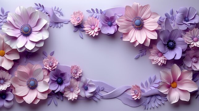  a close up of a bunch of flowers on a white and purple background with a ribbon in the middle of the frame.