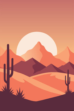 Mexican poster desert Mexico background festive backdrop with cactus for festival Cinco de mayo. Serene vector illustration of a desert sunrise, with cacti silhouettes against vibrant mountains