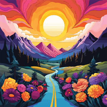 Retro hippie style psychedelic landscape with mount