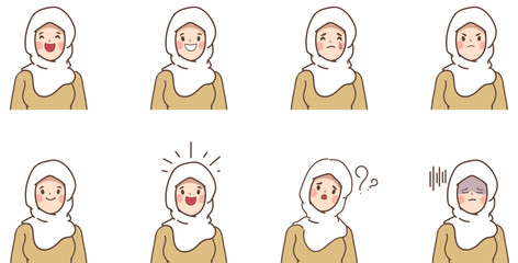 Arab women character set of emotions. Hand drawn style vector design illustrations.