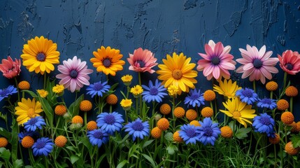  a bunch of flowers that are next to each other in front of a blue wall with a blue wall in the background.