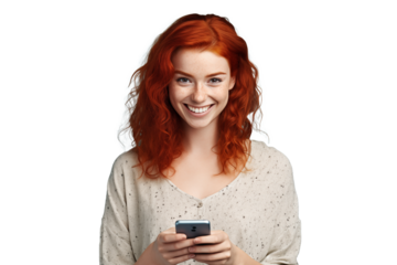 Young pretty Redhead girl  using mobile phone on isolated chroma key background