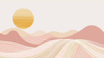 Abstract mountain contemporary aesthetic background landscapes. Mountain waves and sun or moon. Boho style 2D minimalist illustration. Mid century modern vintage. Digital raster bitmap. AI artwork.