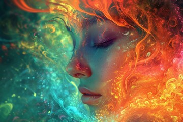 Colorful woman head aura digital art. Mental health power woman energy. Generate Ai