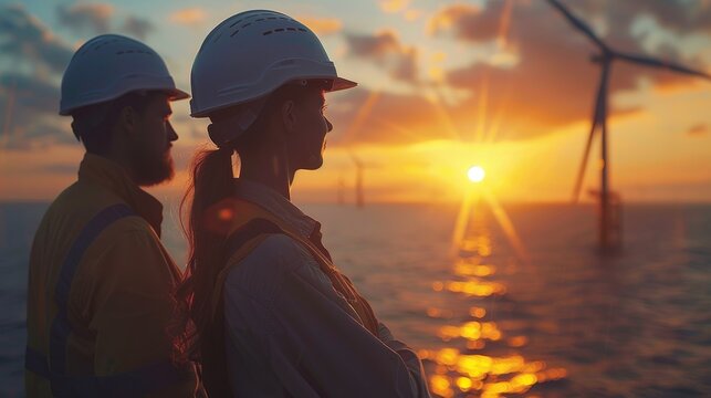 .Wind farm or wind park, with high wind turbines for generation electricity at a distance slightly blurred at dusk being observed by men and women in hard hats. Green energy concept. Generative ai