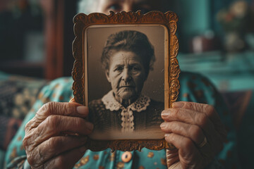 Elderly woman show vintage photo of her mother portrait. Senior lady holding in hand old photo frame. Memories, nostalgia, family album