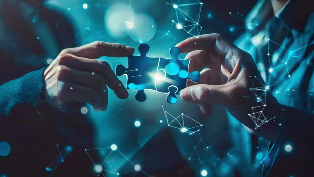 Two hands connecting jigsaw puzzle pieces with a blue digital network background. Teamwork and business strategy concept