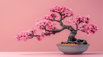  a bonsai tree with pink flowers in a gray bowl on a pink background with a pink wall in the background.