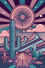 Mexican poster desert Mexico background festive backdrop with cactus for festival Cinco de mayo. Artistic illustration of a tranquil desert landscape at sunset with cacti