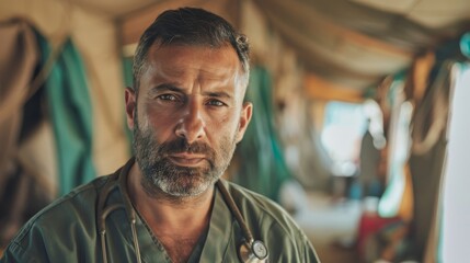 Man nurse volunteer in refugee camp, providing critical healthcare and support amidst a humanitarian tragedy. Generative ai