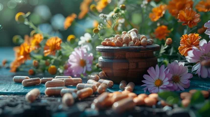 Foto op Canvas Alternative naturopathy, homeopathy, herbal medicine concept. Herbs, flowers and capsules on natural stone background. Natural health and wellness concept. Generative ai © Iuliia Metkalova