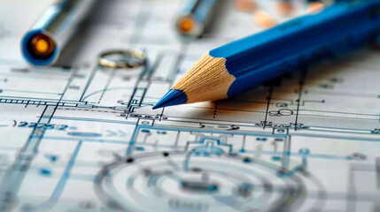Close-up of engineering drafting tools with a blue pencil on mechanical blueprint, highlighting precision in technical drawing and design planning