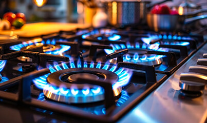 Fototapeta na wymiar Modern gas stove burners ignited with blue flames, providing a close-up view of kitchen appliance efficiency and domestic culinary preparation