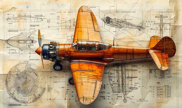 Vintage aircraft on engineering blueprints, merging historical aviation with technical design, illustrating aeronautical engineering and aircraft construction