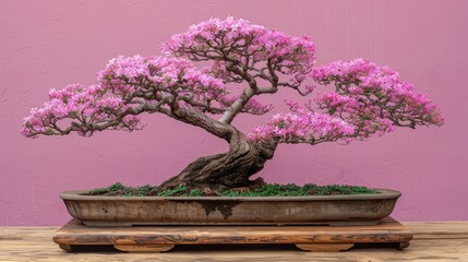  a bonsai tree with pink flowers in a pot on a wooden table in front of a pink painted wall.