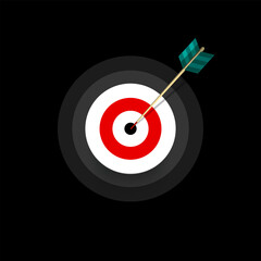 Dart in the centre of the bullseye on black background, vector