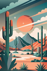 Mexican poster desert Mexico background festive backdrop with cactus for festival Cinco de mayo. Warm sunset with majestic cacti foreground, serene desert mountains