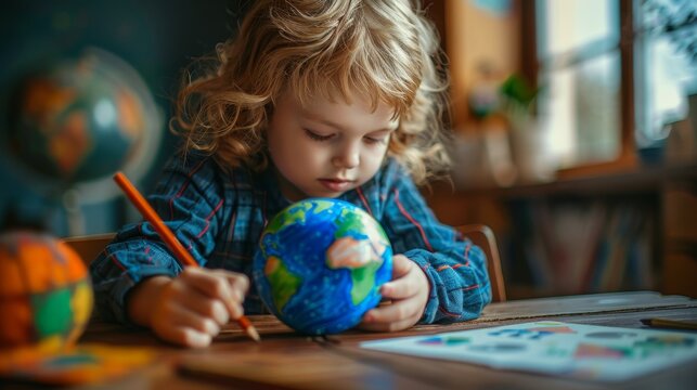 Child draws planet for Earth day. Protection of enviroment, Mother Earth Day greeting and celebration concept. Generative ai