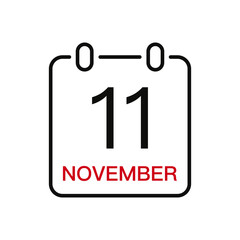 November 11 date on the calendar, vector line stroke icon for user interface. Calendar with date, vector illustration.