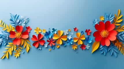 Happy Mother's day card concept, floral decorations in paper art style. Paper craft of sky, sun, red flowers on blue background. Generative ai