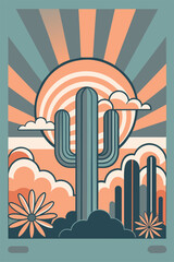 Mexican poster desert Mexico background festive backdrop with cactus for festival Cinco de mayo. Stylized graphic of a cactus against a vibrant desert sunset backdrop