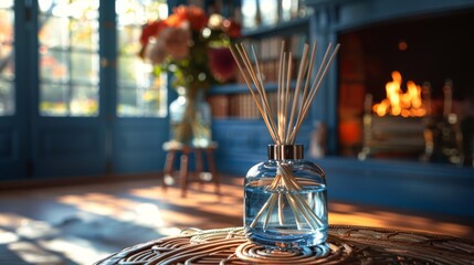  a bottle of reeds sitting on a table in front of a fire place with a vase of flowers in the background. - obrazy, fototapety, plakaty