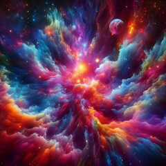 A psychedelic explosion of colors in a cosmic nebula, swirling and dancing in the vastness of space. - obrazy, fototapety, plakaty