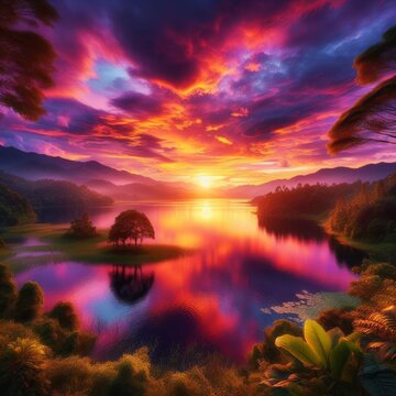 An enchanting sunset over a tranquil lake, with vibrant hues painting the sky.