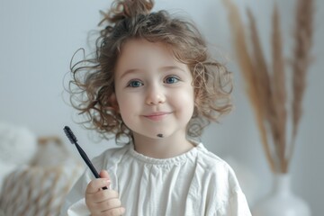 a little smiling girl holds an eyeshadow brush in her hand. The lips are not carefully made up in a...