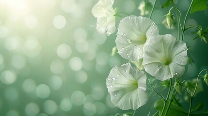  a close up of three white flowers with drops of water on them and a green boke of light in the background.
