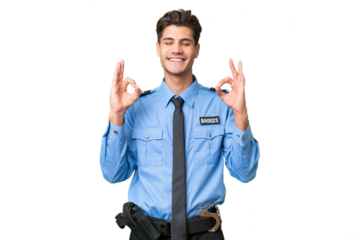 Young police man over isolated background in zen pose