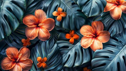  a painting of orange flowers and leaves on a blue background with a green leafy plant in the foreground.