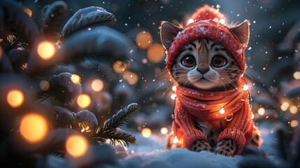  a cat wearing a red scarf and a red hat sitting in the snow with a christmas tree in the background.