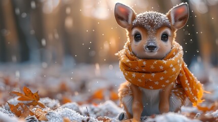  a small toy deer with a scarf around it's neck sitting in a pile of leaves in the snow.