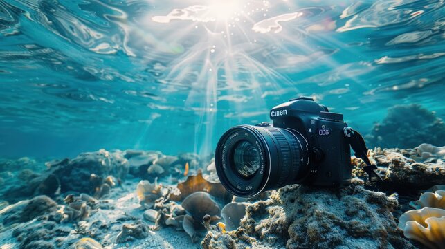 Illustration Using an underwater action camera to take photos and videos underwater.