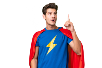 Super Hero caucasian man over isolated background intending to realizes the solution while lifting a finger up