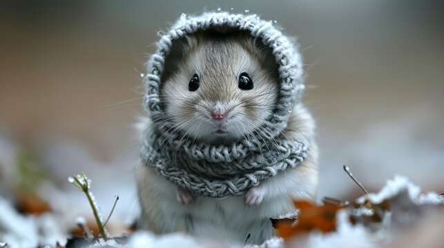  a small rodent wearing a knitted sweater and a knitted hat is standing in a field of snow.