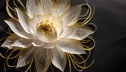 White flower and golden filaments on the black  paper background. Top view and space for text.
