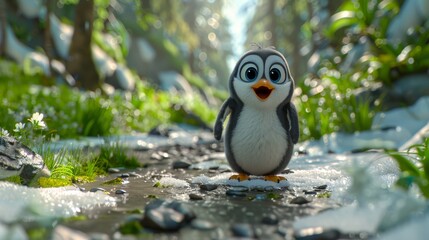  a small penguin is standing in the middle of a path with grass and rocks on both sides of the path.