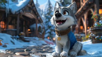  a close up of a dog in a scene from the animated movie, the secret life of pets, with snow on the ground and houses in the background. - obrazy, fototapety, plakaty