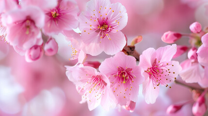 Pink flowers of blooming sakura. Close-up.