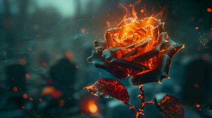 A burning rose with flames against a dark background, with smoke and sparks flying around it