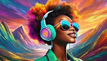 beautiful black woman with colorful headphones and sunglasses