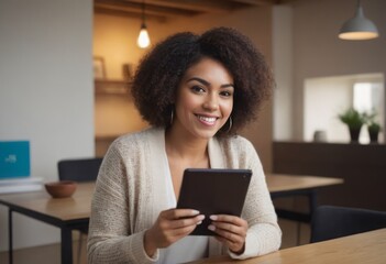 Woman in cozy sweater using tablet, office background. Engaged and smiling at screen. - obrazy, fototapety, plakaty