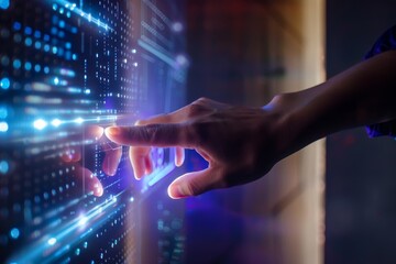 Hand touching virtual screen display. Human interaction with holographic interface. AI, communication network, digital technology, cyber security, internet of things. Future and technology concept