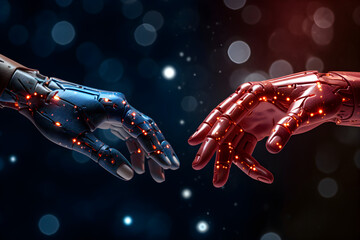 Futuristic design robotic mechanical arms on bokeh background. Artificial Intelligence, human machine interaction, digital technology. Machine learning, technology concept. Design for banner, poster - obrazy, fototapety, plakaty