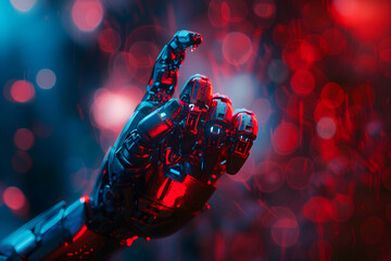 Futuristic design robotic mechanical arm pointing with index finger. Artificial Intelligence, human machine interaction, digital technology. Machine learning, technology concept. Design for banner