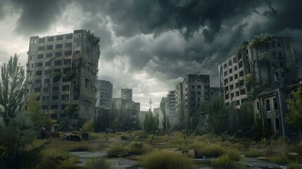 Post-apocalyptic urban landscape under stormy skies. abandoned city with dilapidated buildings. dramatic and moody scene for creative projects. AI - obrazy, fototapety, plakaty