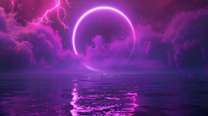The neon circle frame with smoke on a water surface. A round glowing frame with magic light among soft clouds. Purple rings with bright sparkles and flares.